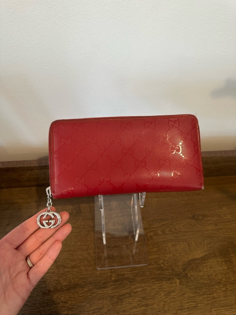 Gucci Red Patent Monogram Long Zip Wallet with Charm